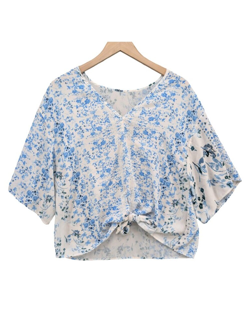 lovestitch Blue and White Floral Knot-Front Blouse